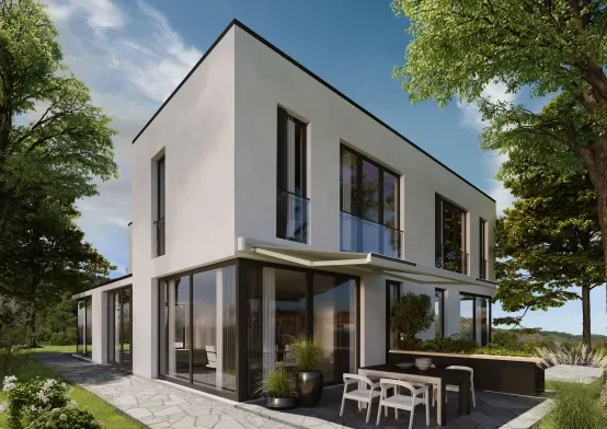 Modern two-story white house with large glass windows and outdoor patio, surrounded by lush green trees and lawn.