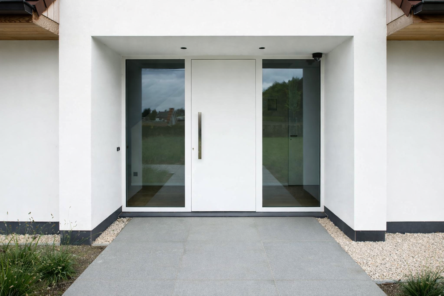 Modern front door with glass panels and a white door in the center, surrounded by white walls and a concrete pathway leading up to it.