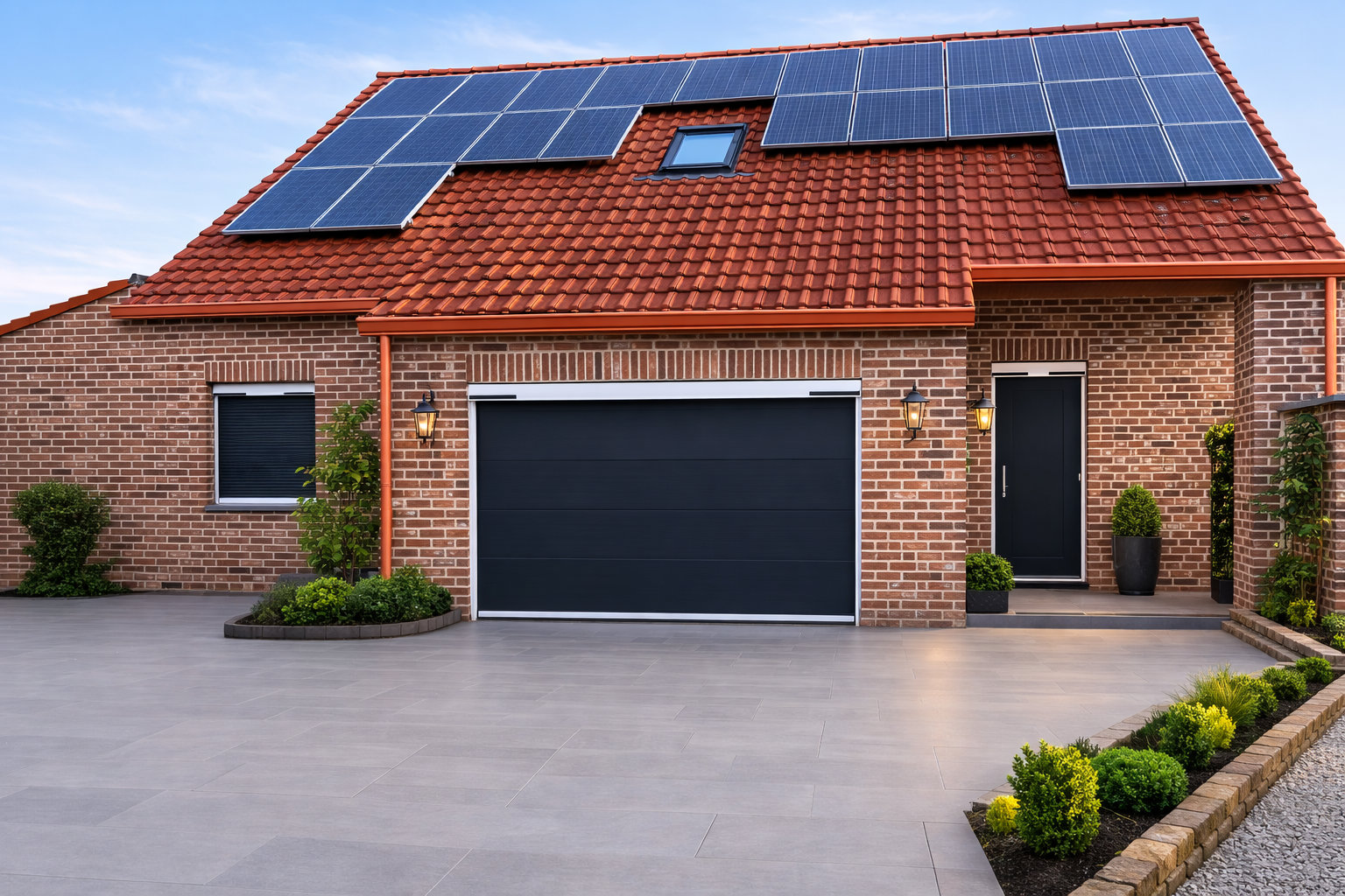 A brick house with a tiled red roof fitted with solar panels, a black garage door, a black front door with potted plants, exterior wall lanterns, and landscaped plants and shrubs around the entrance.