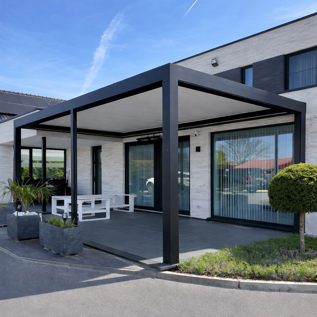 Modern house with a covered patio area featuring white outdoor furniture, potted plants, and a neatly trimmed shrub, with large sliding glass doors leading inside.