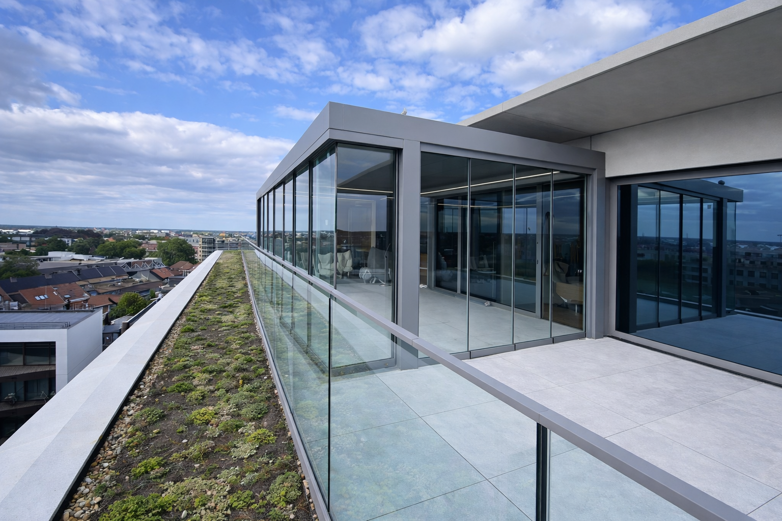 Modern rooftop terrace with glass walls and panoramic city view under partly cloudy sky.