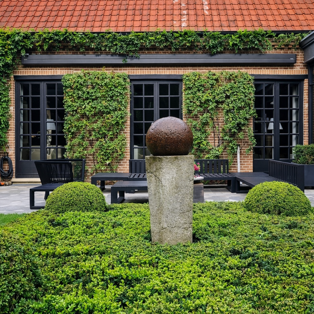 A backyard with a fountain on a stone pillar, surrounded by manicured bushes and plants, with a brick house featuring black window frames and climbing greenery in the background.