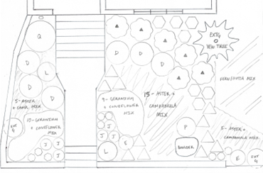 A landscape garden plan featuring various plants and trees, including a section labeled '5 - Peppers' and '10 - Grapevines.' It also highlights areas with flowering and berry-producing plants, along with a compost and herb mix area, a fire pit, and an entry pathway.