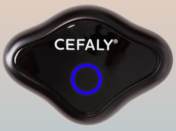 A black device with a blue circular indicator light and the brand name 'CEFALY' printed on it.