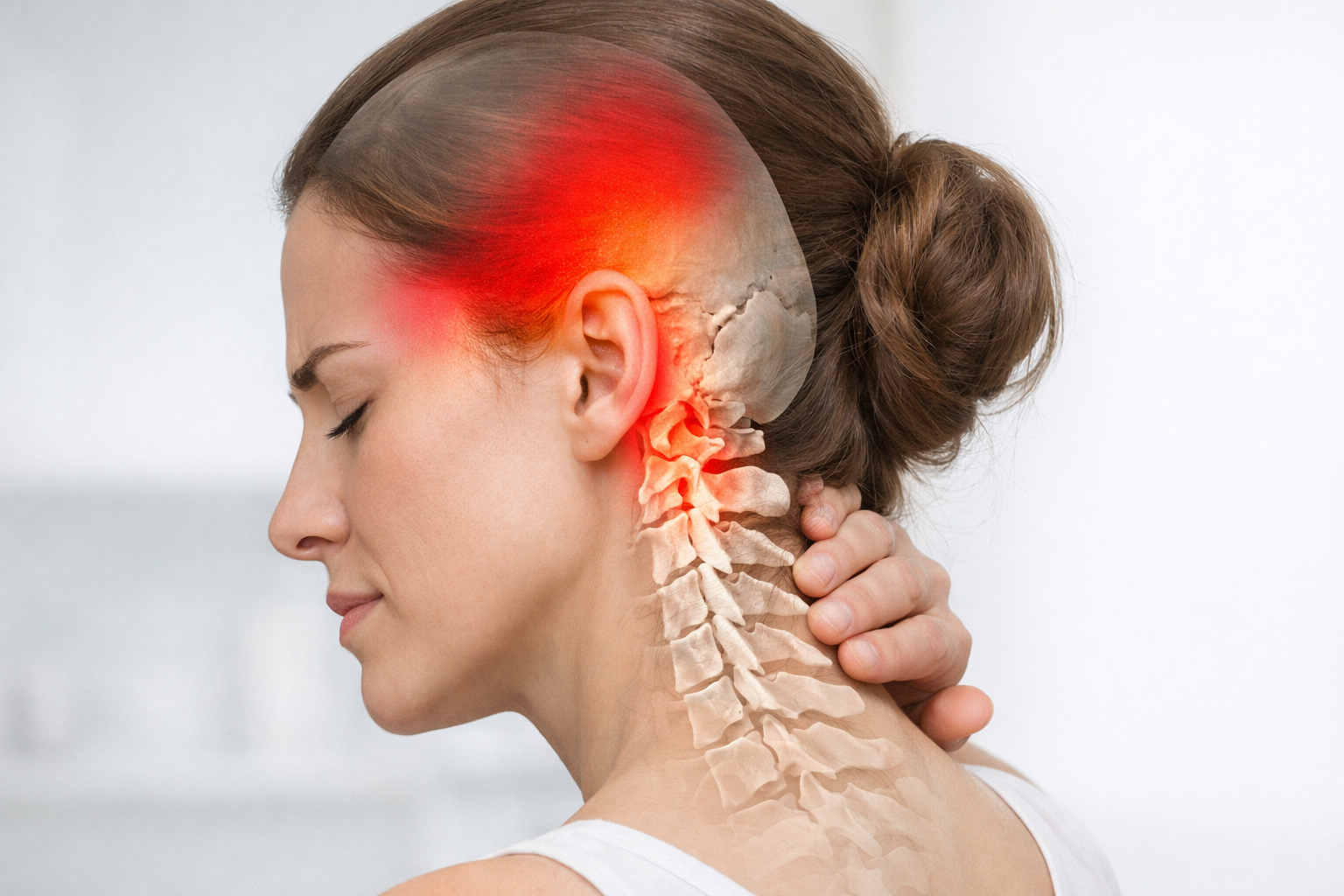 A woman with a digital overlay of a human skull, highlighted red in the head and neck area, indicating pain or injury.
