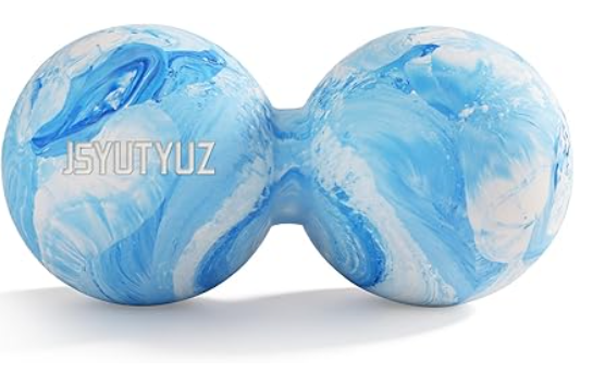 A pair of marbled blue and white yoga blocks with the brand name 15YUTYUZ printed on one of them.