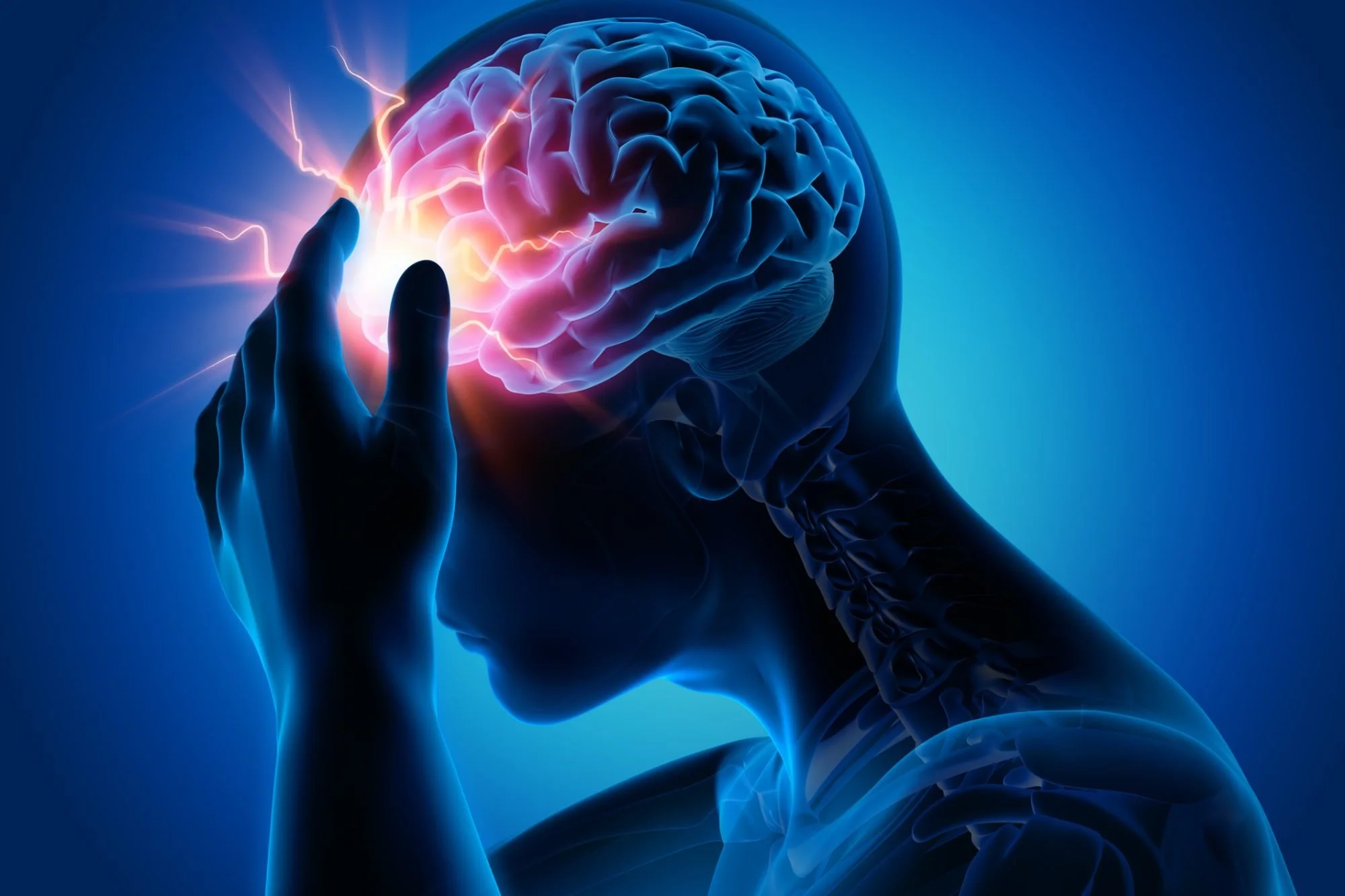 Digital illustration of a human head and brain with a hand touching the temple, with bright pink and purple lightning symbolizing brain activity, set against a blue background.