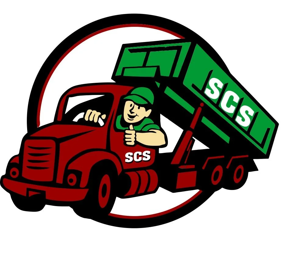 A cartoon illustration of a red truck with a green utility bed labeled 'SCS'. A smiling worker wearing a green cap and shirt is giving a thumbs-up from the driver's seat.