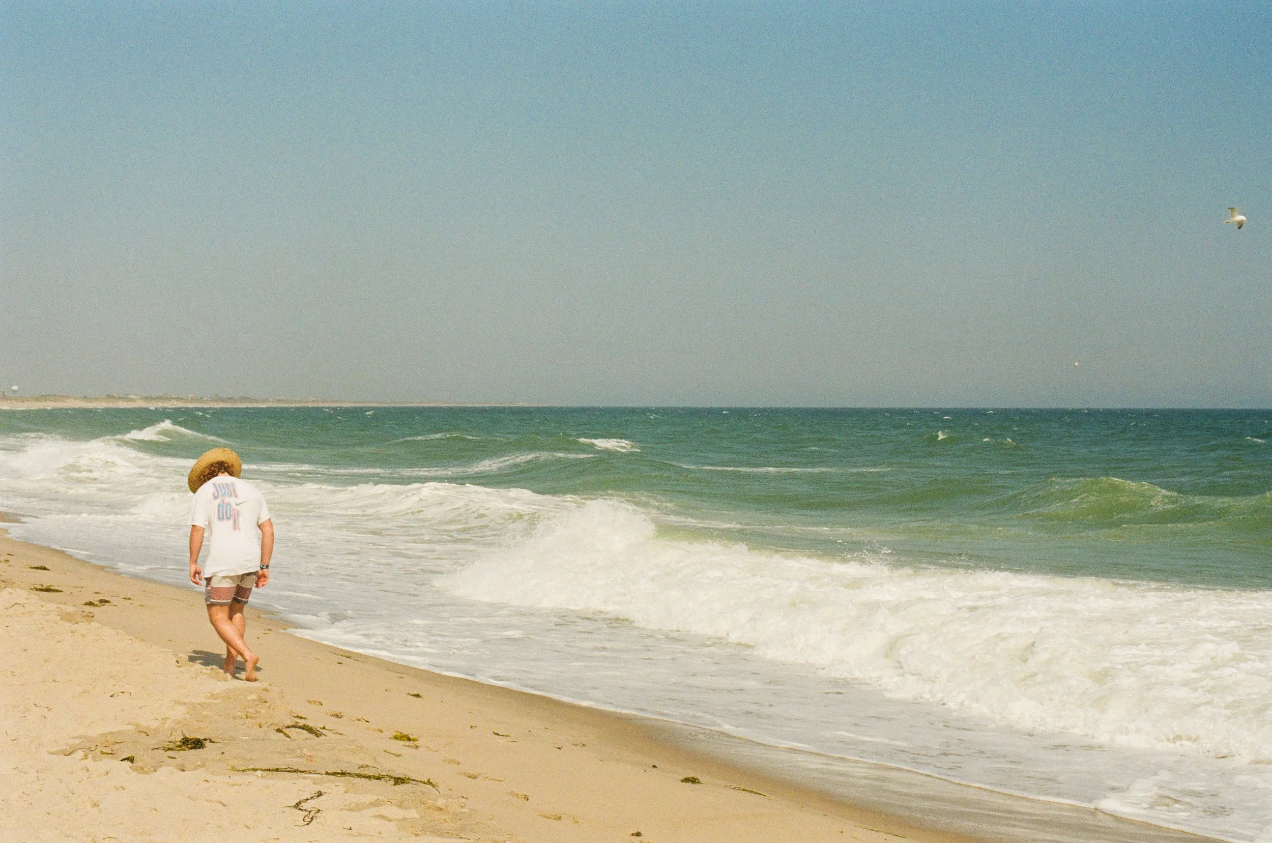 A person with a large hat wearing a white t-shirt and shorts walking along a sandy beach near the shoreline, with ocean waves and a clear sky in the background.