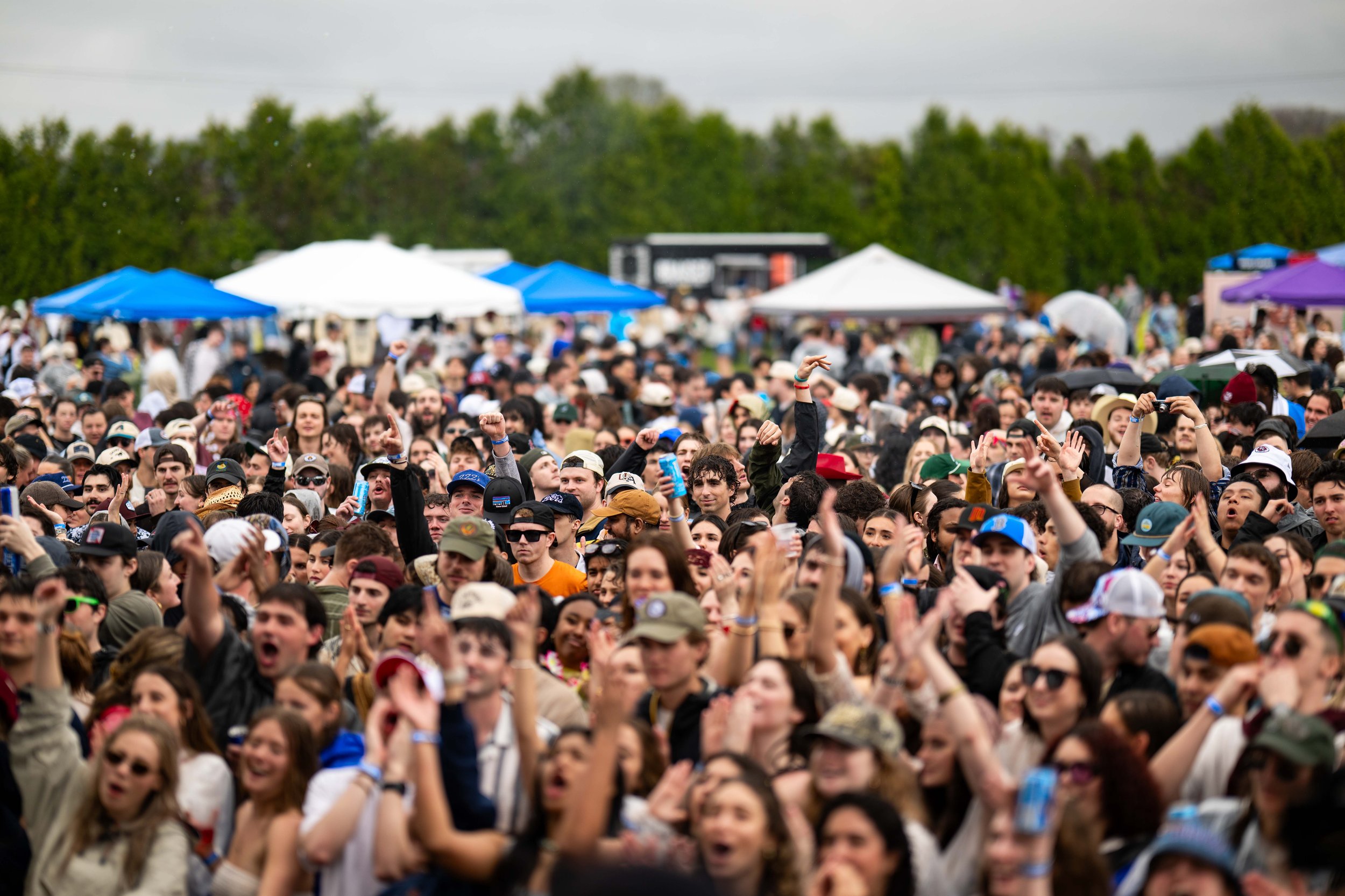 Crowd of people at an outdoor festival, many raising their hands, some with drinks, under cloudy sky, with tents and trees in background.