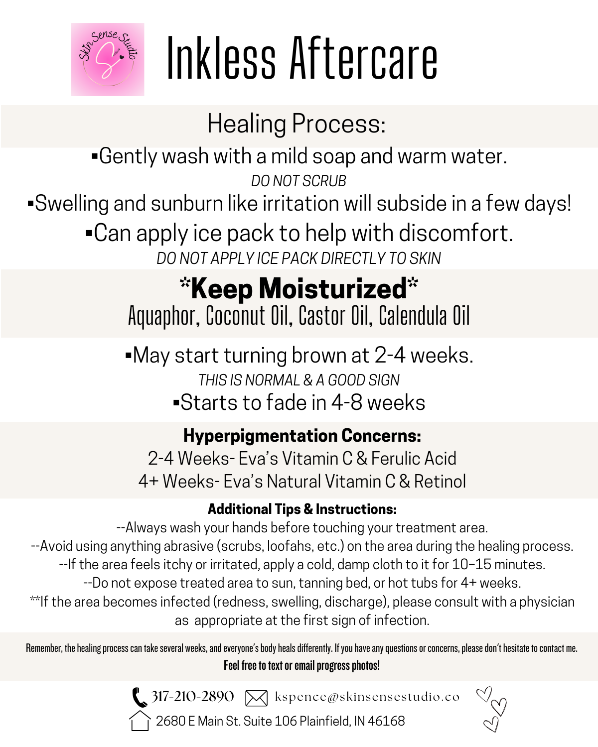 A skincare instruction sheet titled 'Inklings Aftercare' with tips on healing, moisturizing ingredients, signs of skin turning brown, hyperpigmentation, and additional care tips. It includes the logo for Skin Sense Studio in pink.