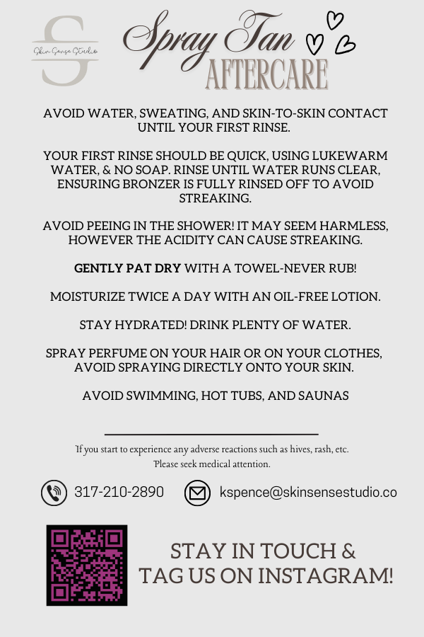 Instructions for spray tan aftercare, including avoiding water, sweating, and skin contact until the first rinse, quickly rinsing with lukewarm water without soap, patting dry, moisturizing, staying hydrated, avoiding spray perfumes, and avoiding swi