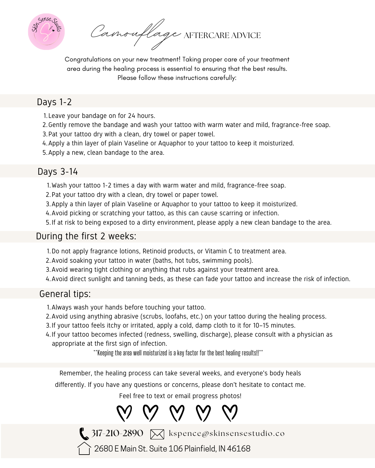 Aftercare instructions for tattoo healing, including guidelines for days 1-14 and the first 2 weeks, as well as general tips and contact information for Skin Sense Studio.
