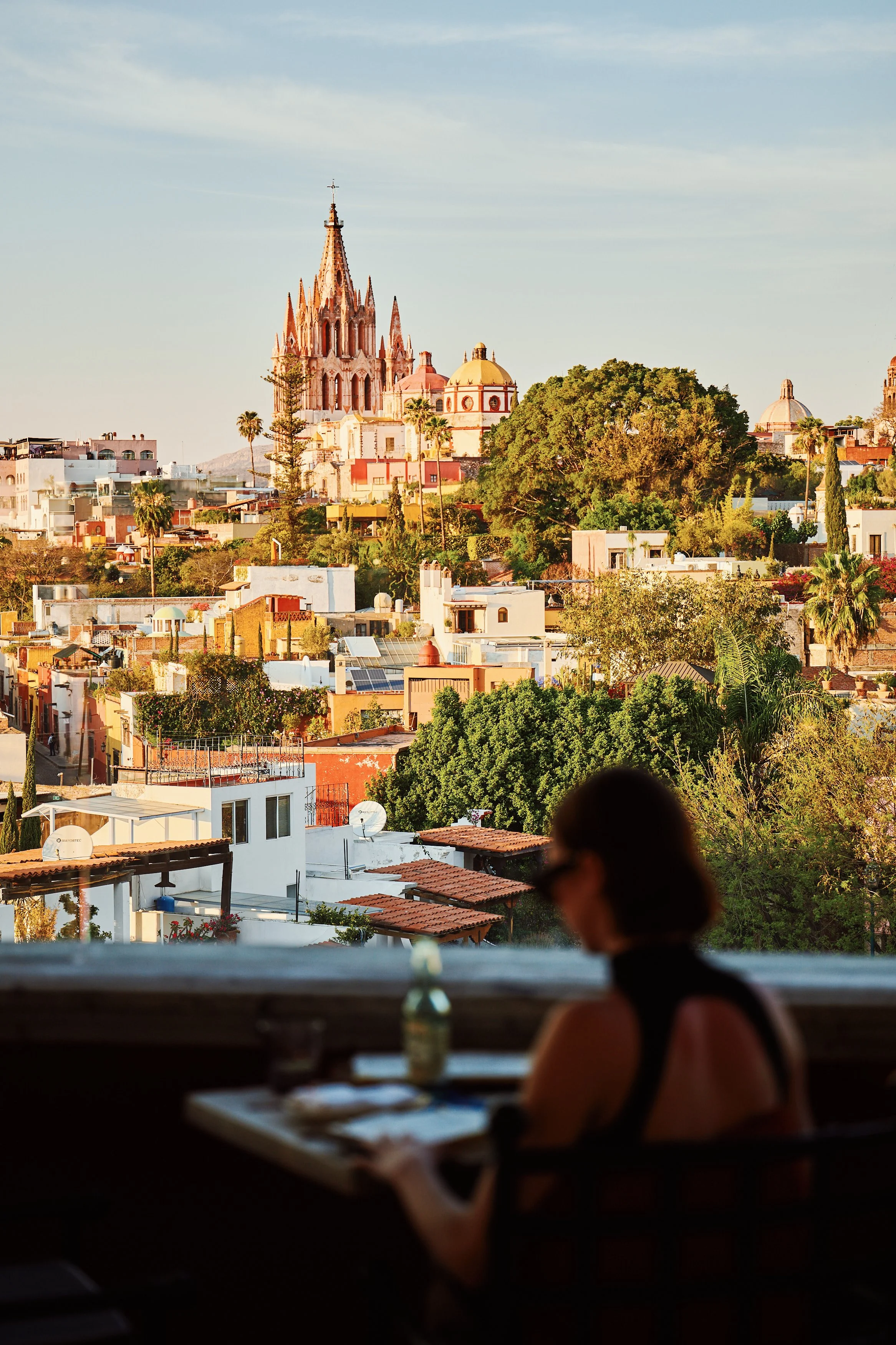 A woman dining at a restaurant with a view of a colorful cityscape, including a prominent pink church with multiple spires, lush green trees, and a variety of white and pastel-colored buildings.