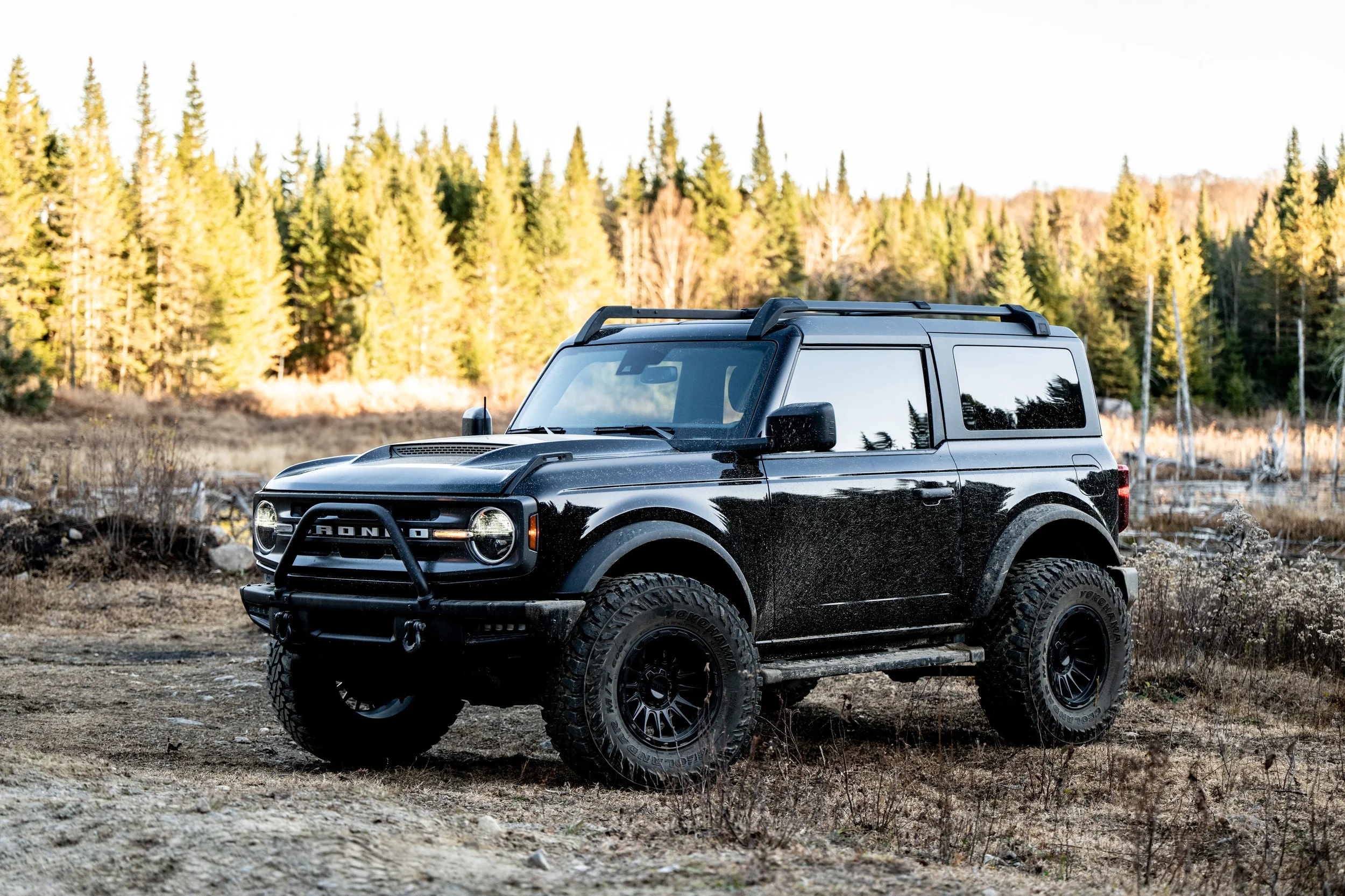 Black off-road vehicle with large tires and protective grille in a rural area with trees in the background.