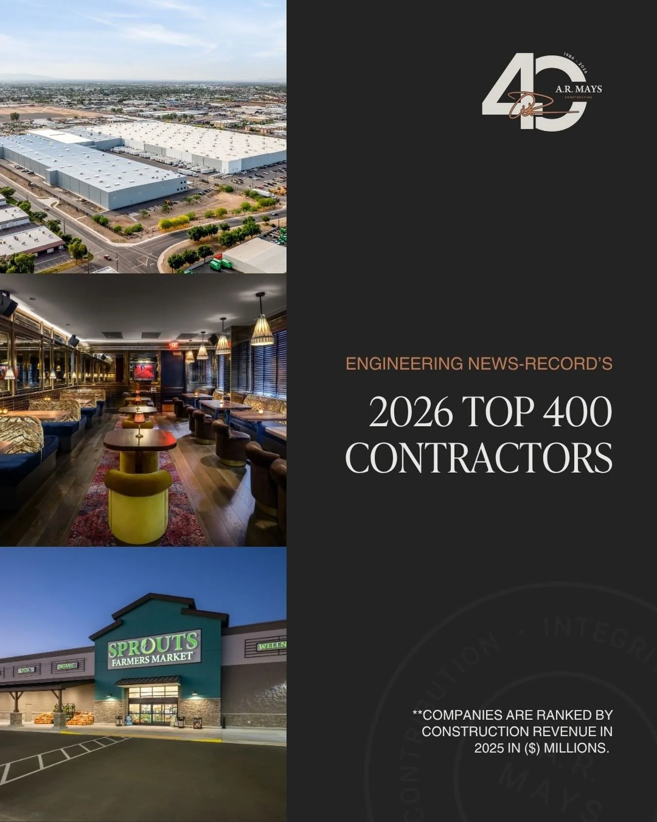 A.R. Mays Construction has been recognized on the 𝟮𝟬𝟮𝟲 𝗘𝗡𝗥 𝗧𝗼𝗽 𝟰𝟬𝟬 𝗖𝗼𝗻𝘁𝗿𝗮𝗰𝘁𝗼𝗿𝘀 list, a nationwide ranking of leading U.S. construction firms by @enr.news! 

The ranking reflects our growth and track record delivering results f