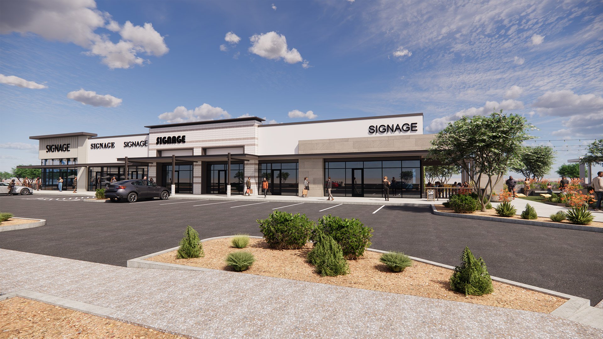 Artist's rendering of a modern retail shopping center with storefronts labeled 'SIGNAGE,' large glass windows, a parking lot with several cars, and landscaped areas with small bushes, trees, and seating.