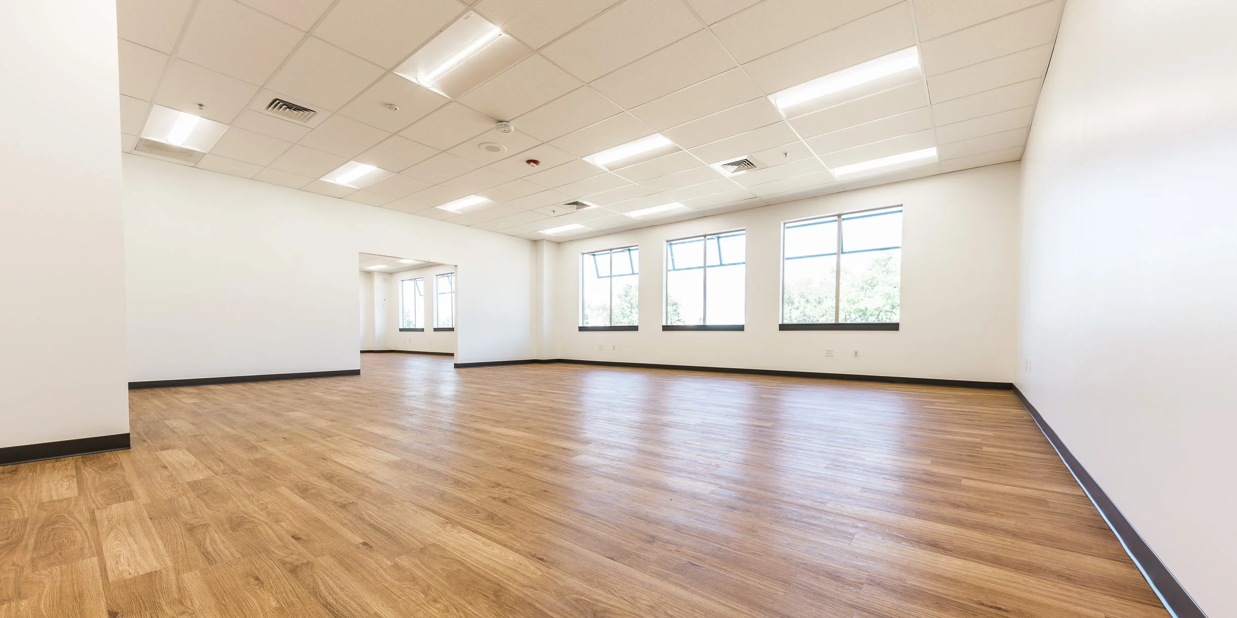 Empty office space with white walls, large windows, wood flooring, and fluorescent lighting.