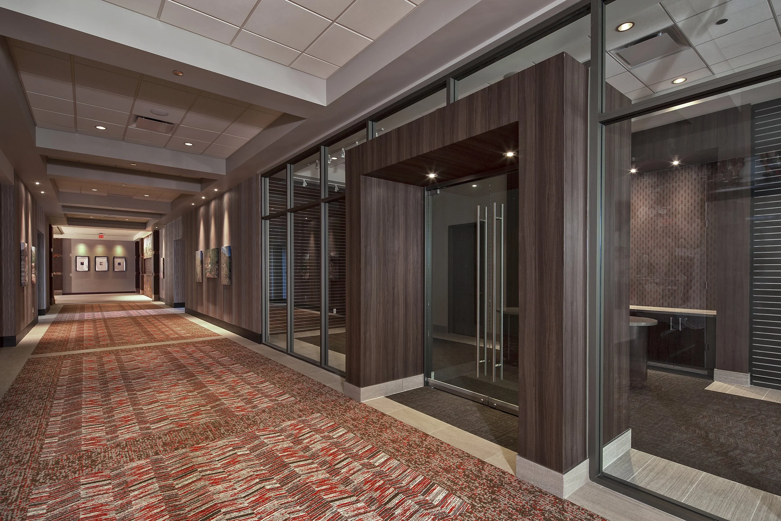 Empty hallway in a modern building with artwork on the walls and a carpeted floor.