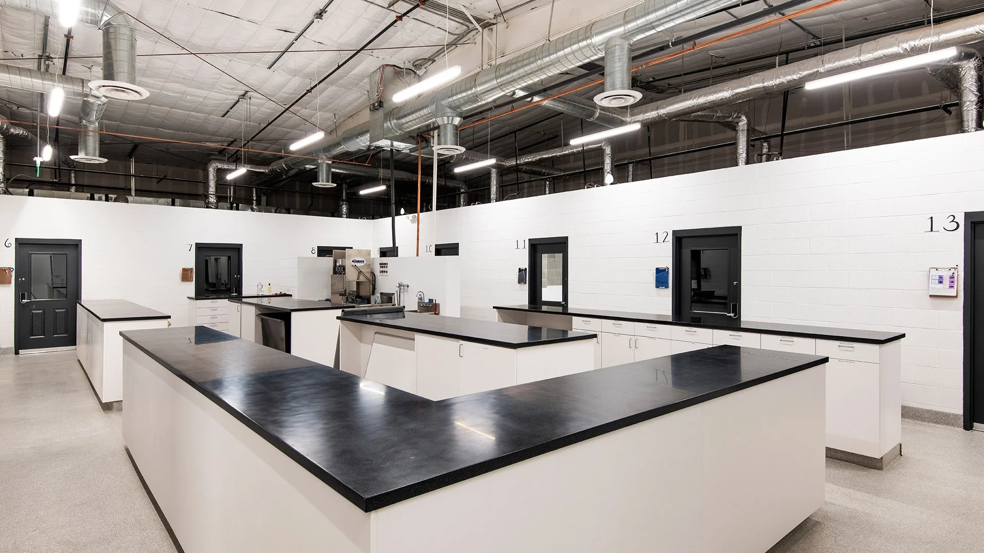 Laboratory with white cabinets, black countertops, and multiple small rooms numbered 6-13 with black framed windows and doors.