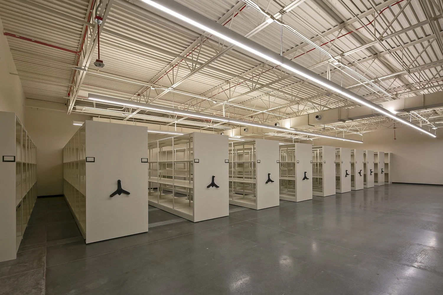 Empty storage room with lockers, white shelving units with locks, and fluorescent lighting.