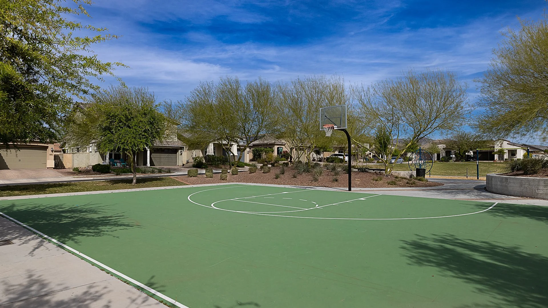 An outdoor basketball court with a green surface, surrounded by trees and residential houses in the background. The court has a basketball hoop and court markings, with clear blue sky overhead.