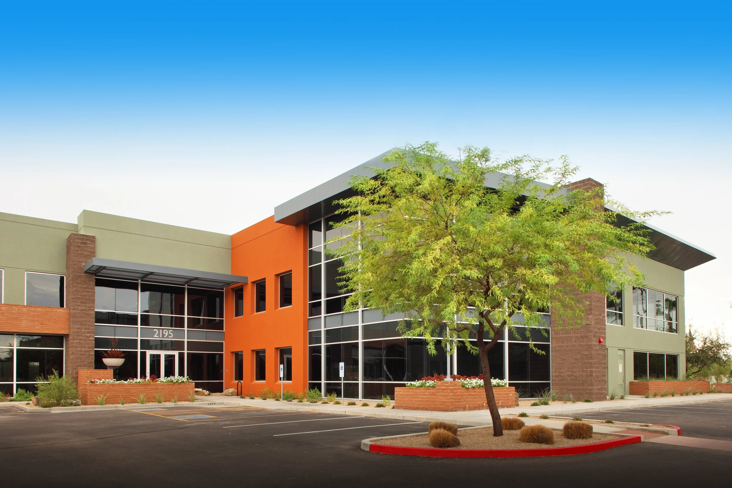 Modern office building with colorful exterior, large windows, a tree in the foreground, and a parking lot.