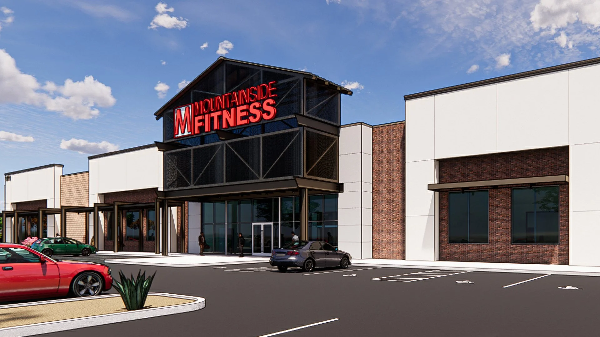 Exterior of a modern fitness center with a parking lot, a few cars, and a blue sky with clouds. The building has a prominent sign that reads 'MOUNTAINSIDE FITNESS' in red neon letters.