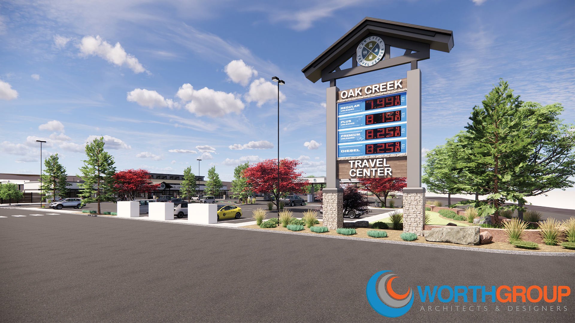 Rendering of a parking lot with trees, a sign displaying fuel prices at Oak Creek Travel Center, and a retail building in the background, with a blue sky and clouds.
