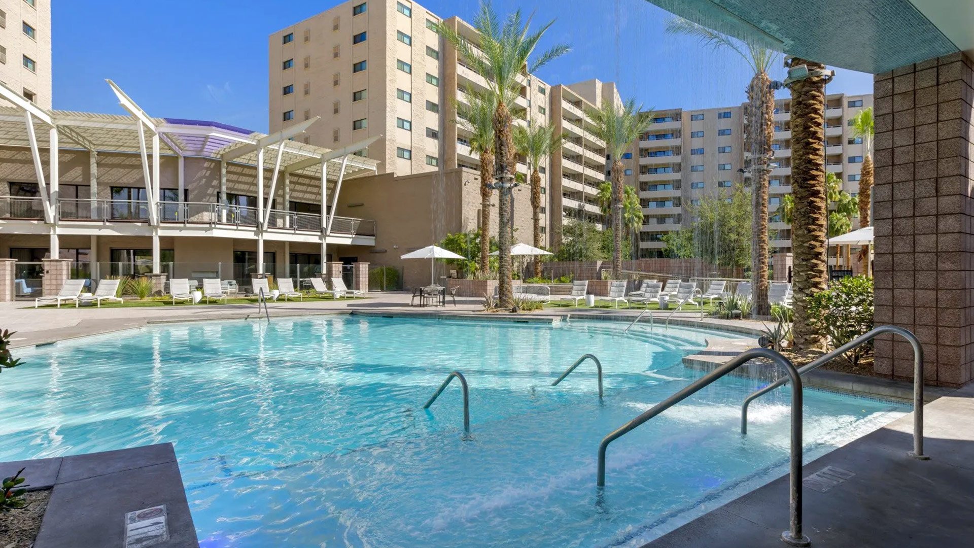 An outdoor swimming pool area surrounded by lounge chairs, umbrellas, and tall palm trees, with apartment buildings in the background.