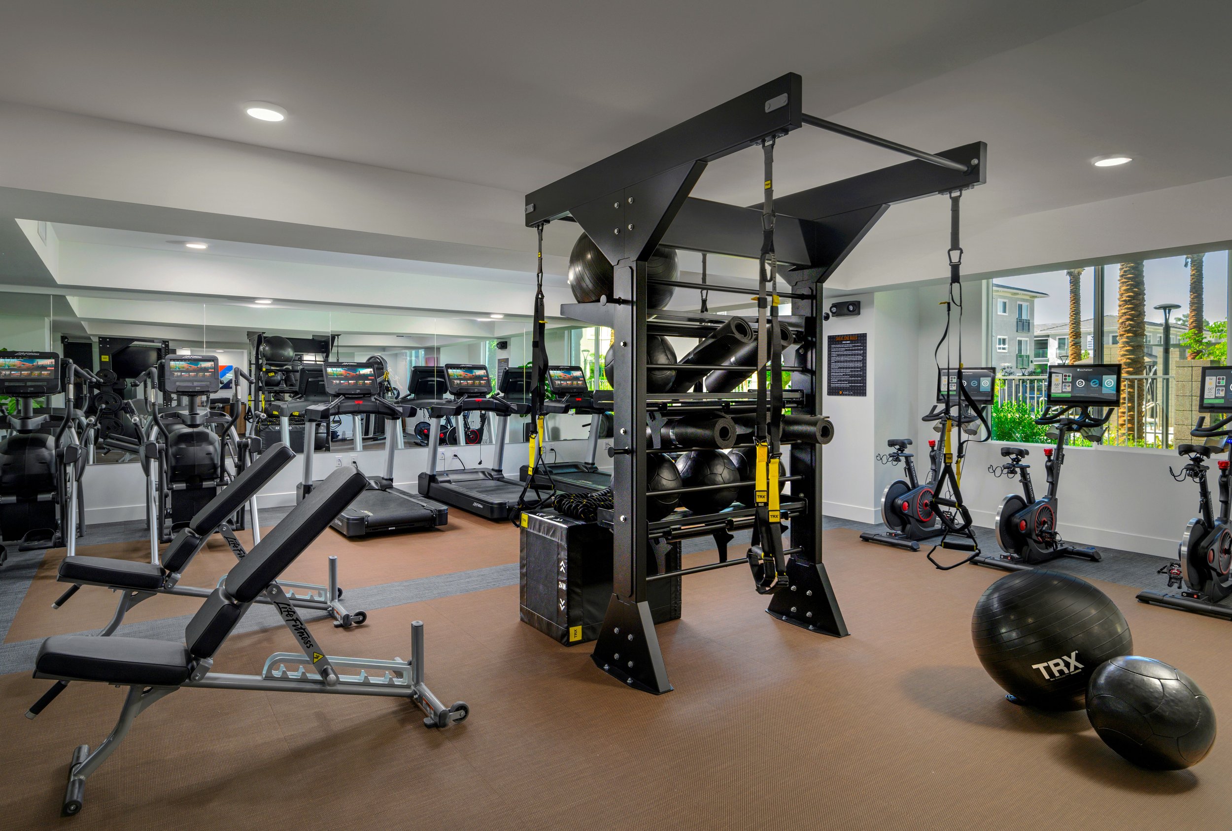 Fitness gym with various exercise equipment including treadmills, stationary bikes, weight rack, and exercise balls in a bright room with large windows.
