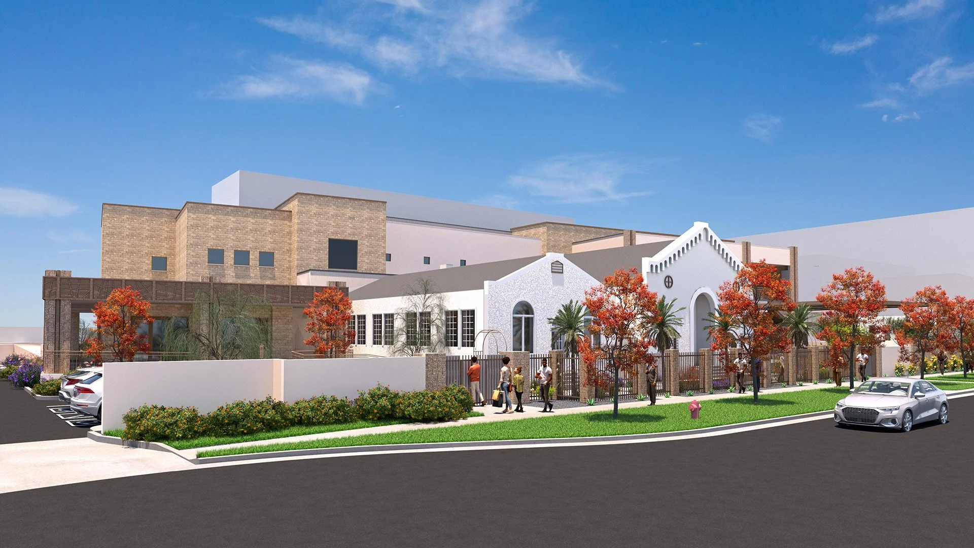 Rendering of a modern building with a white facade, surrounded by trees with orange and green foliage, pedestrians walking on the sidewalk, parked and moving cars on the street, under a clear blue sky.