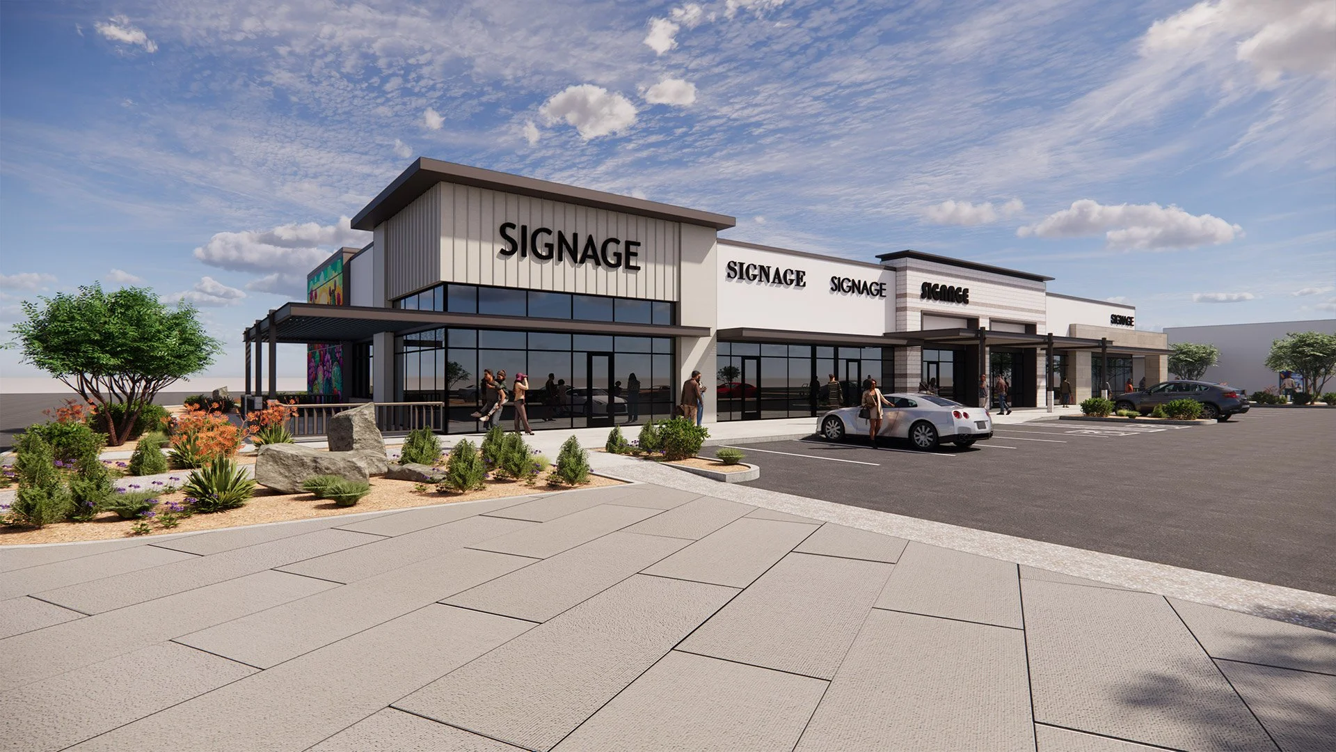 A modern shopping center with multiple storefronts labeled 'SIGNAGE,' large glass windows, a parking lot with parked cars, and a landscaped area with plants, rocks, and trees under a partly cloudy sky.
