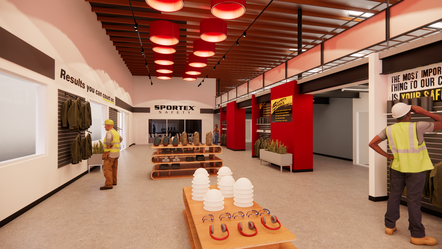 Interior of a safety gear store with mannequins dressed in safety gear, shelves with safety equipment, and signage promoting safety measures.