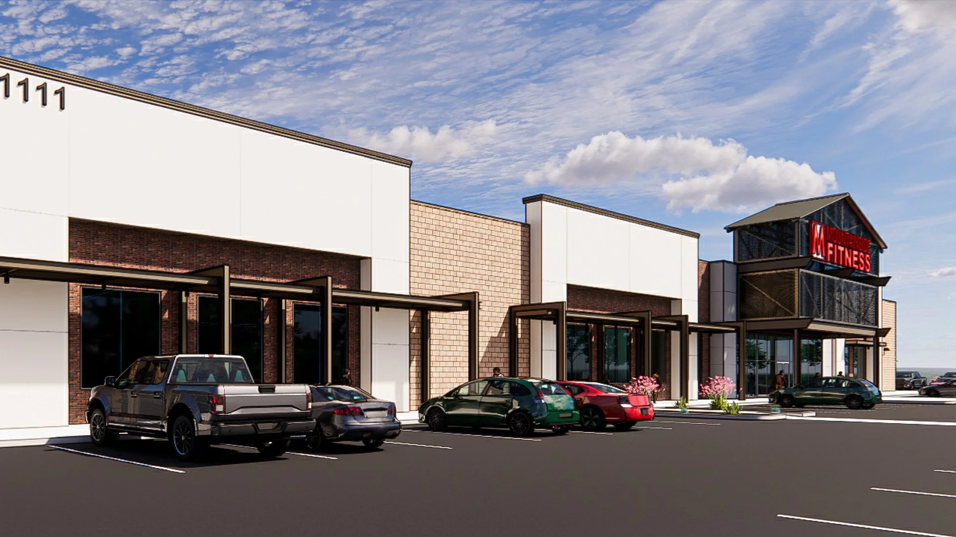Rendering of a modern fitness center with a parking lot, parked cars, and a sign reading "Health and Fitness" under a partly cloudy blue sky.