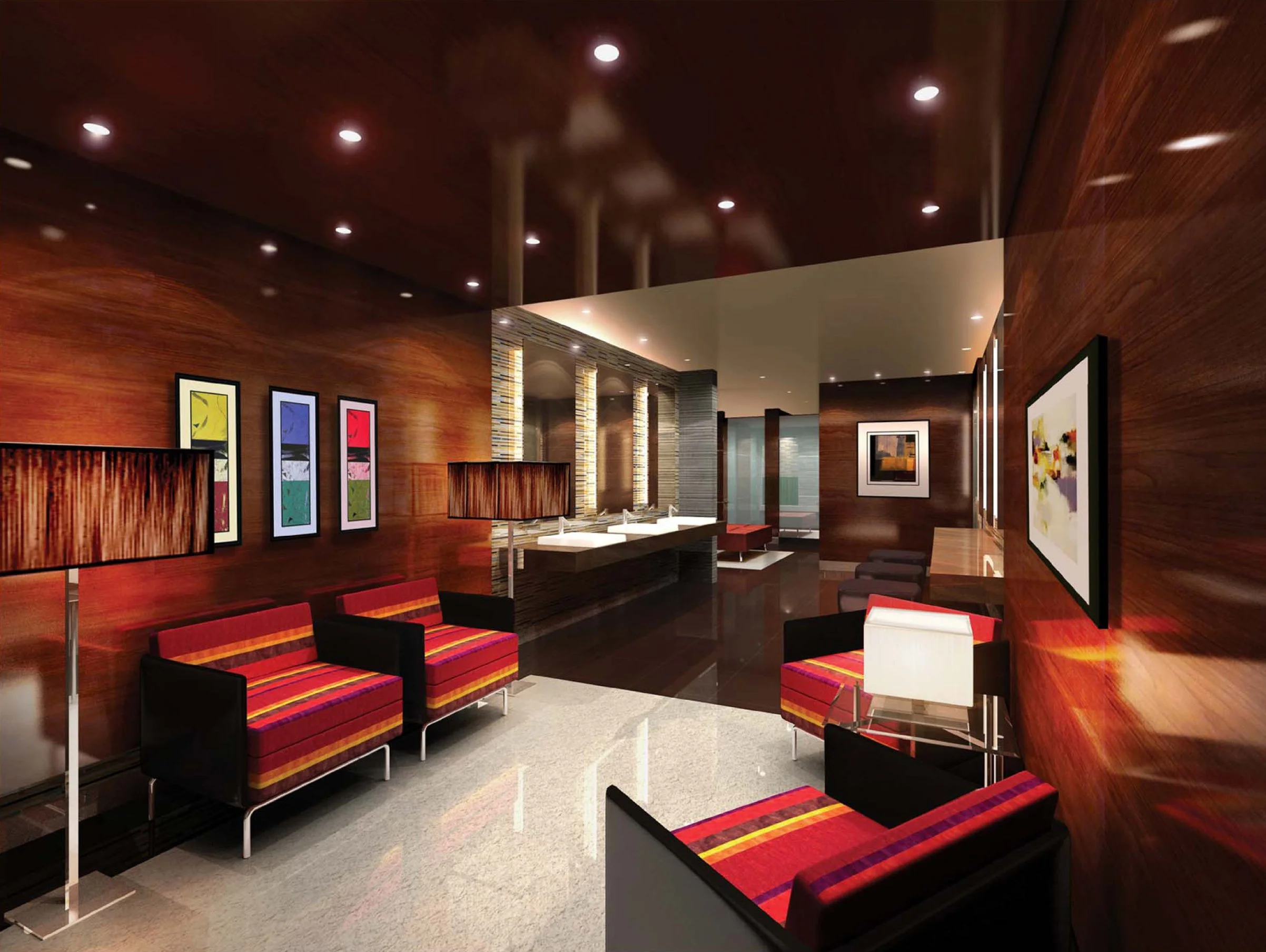 A modern hotel lobby with wooden panel walls, colorful striped armchairs, framed abstract artwork, floor lamps, and a front desk area with sinks and mirrors.