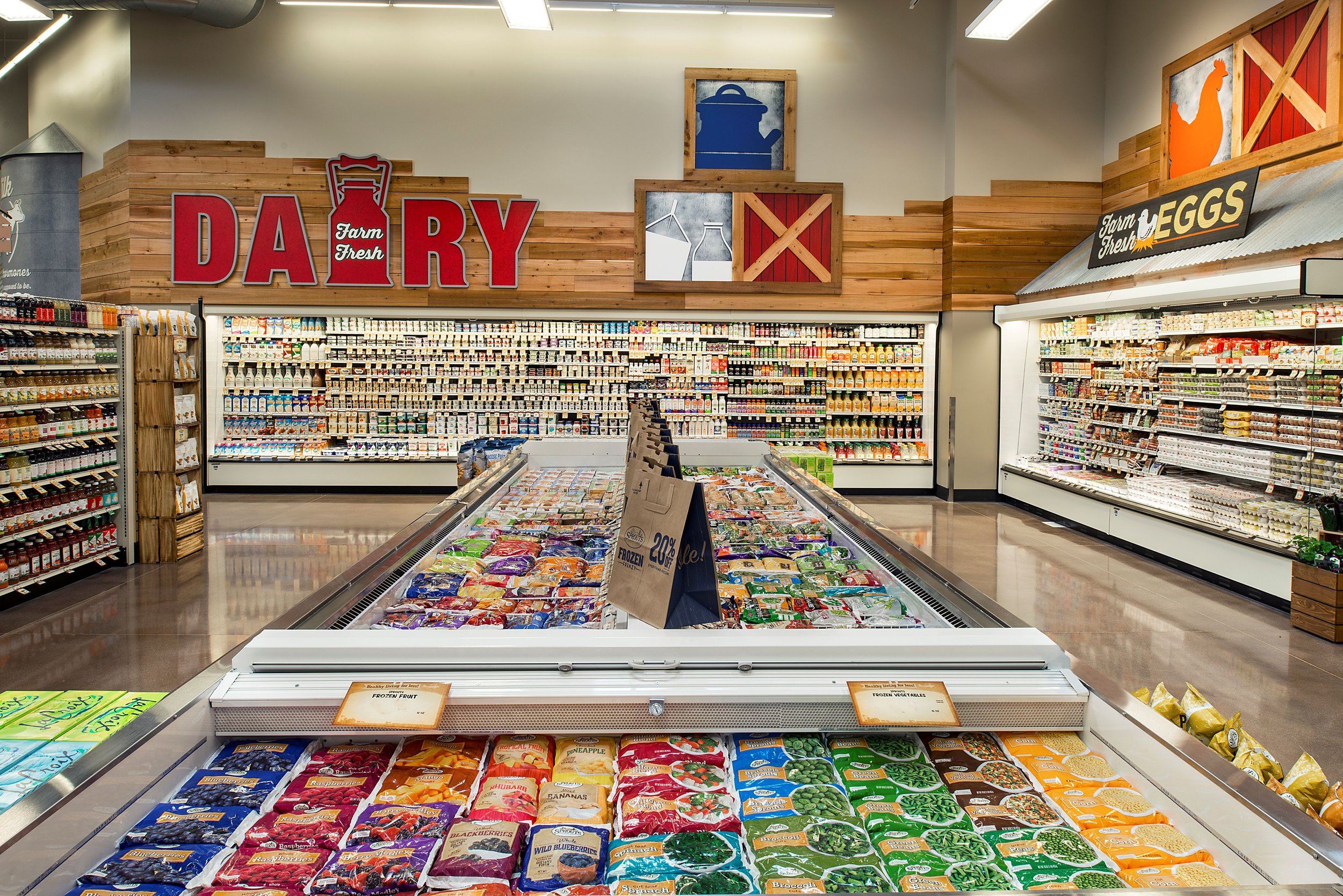Inside a grocery store with a large sign reading "Dairy" on a wooden wall, stocked with dairy products, and a section labeled "Eggs" on the right, with frozen vegetables and fruit in freezers in the foreground.