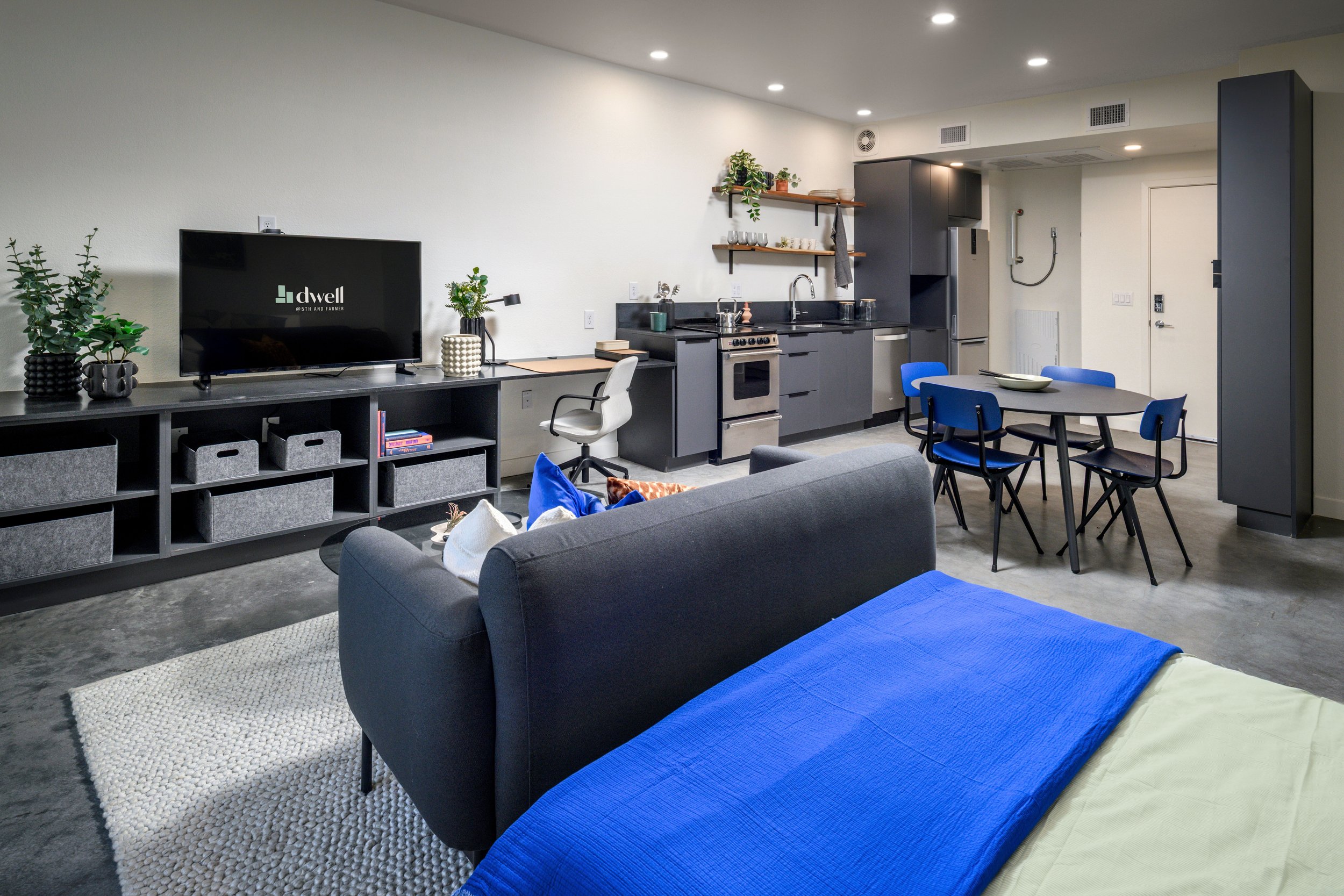 Modern open-plan living room and kitchen with gray and blue accents, a gray sofa, a round dining table with blue chairs, and a black TV stand with plants and decorative items.