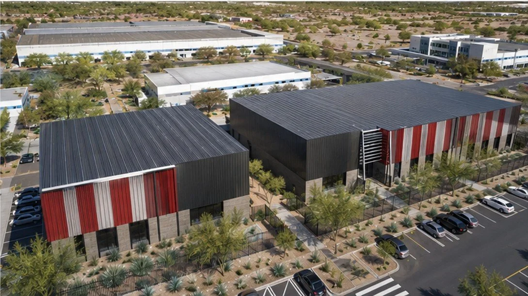 Aerial view of modern commercial buildings with black and red striped exterior, parking lot, and landscaped surroundings.