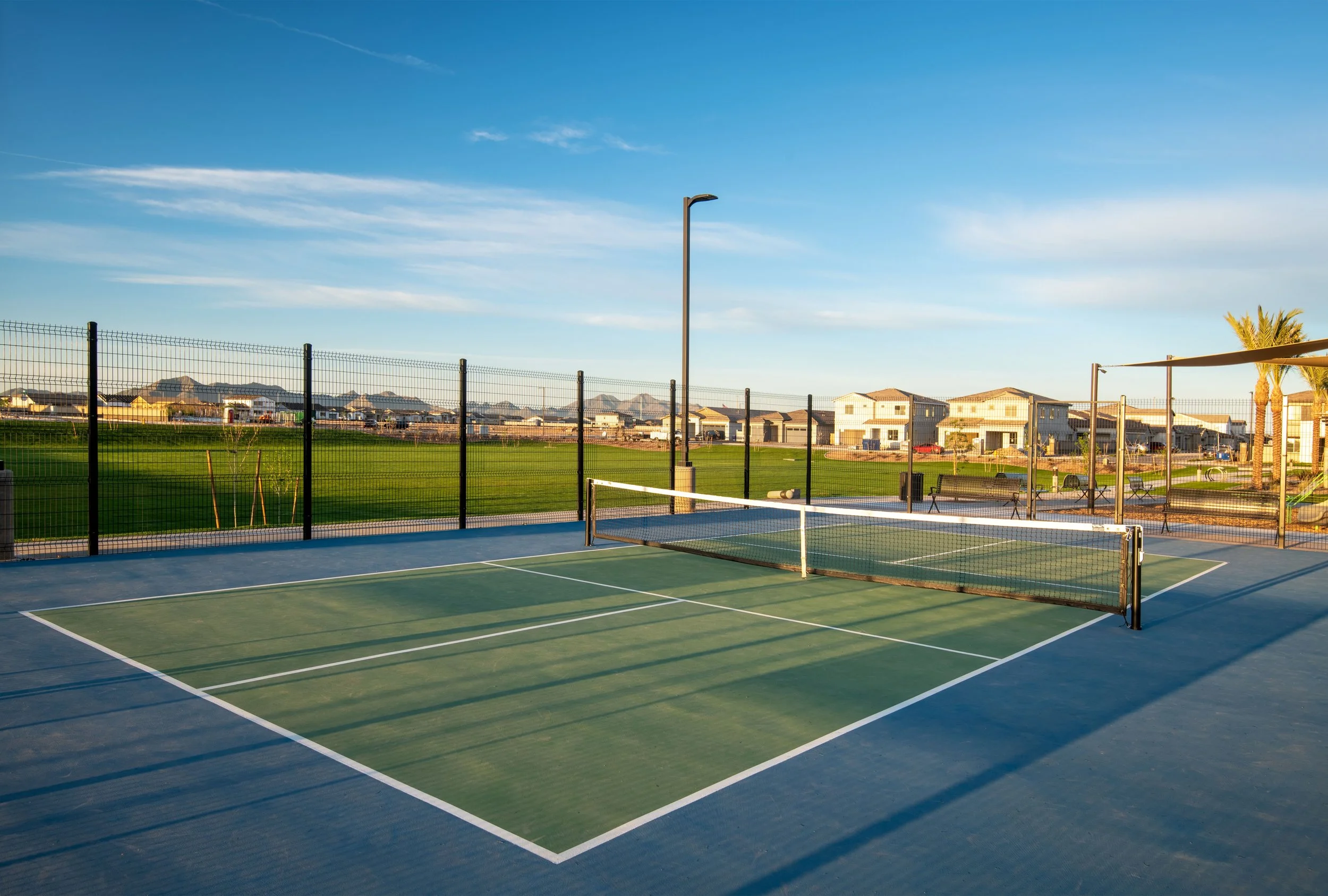 Empty outdoor pickleball court with a net, surrounded by a black wire fence, with residential houses, green grass, trees, and a clear blue sky in the background.
