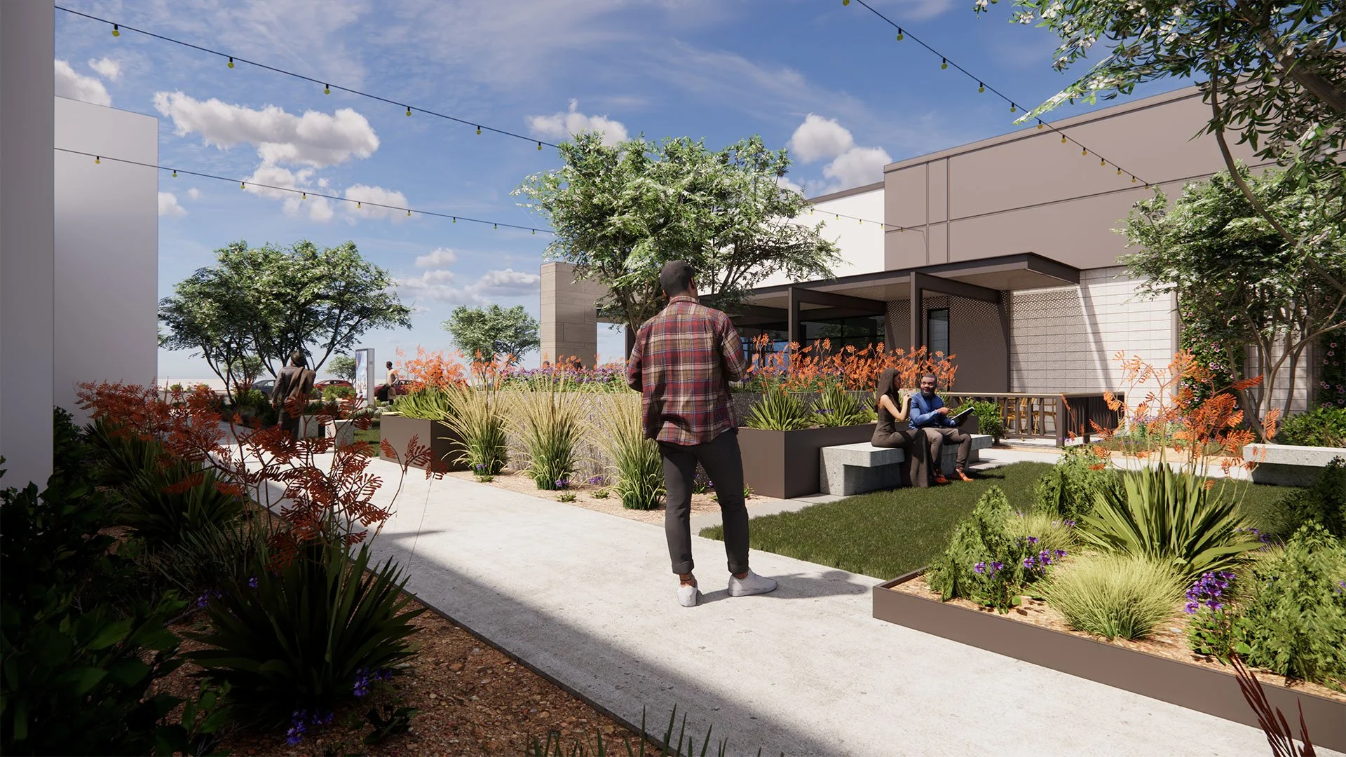 People sitting on benches in a landscaped urban garden with trees, flowers, and string lights under a blue sky.