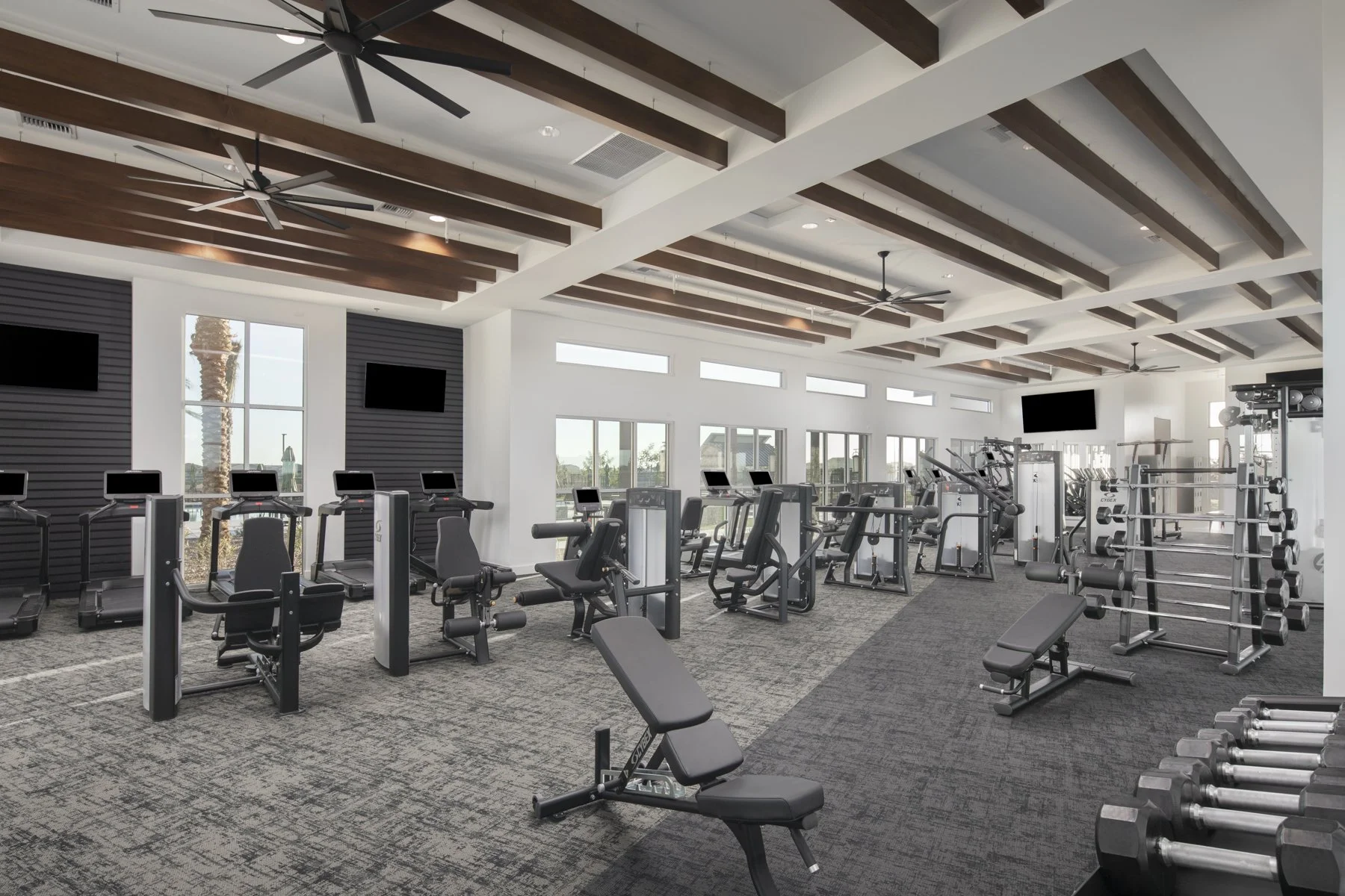 Empty gym with various exercise equipment, including treadmills, weight machines, free weights, and benches, with large windows and ceiling fans.