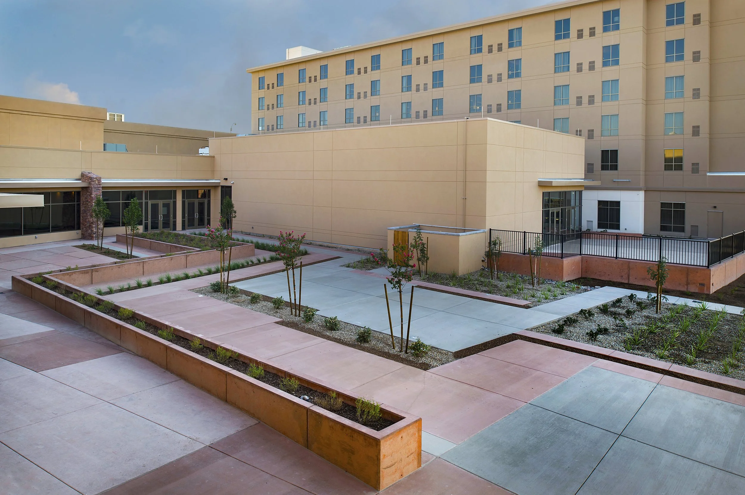 A modern courtyard with paved walkways, small trees, and landscaped garden beds surrounded by beige buildings.