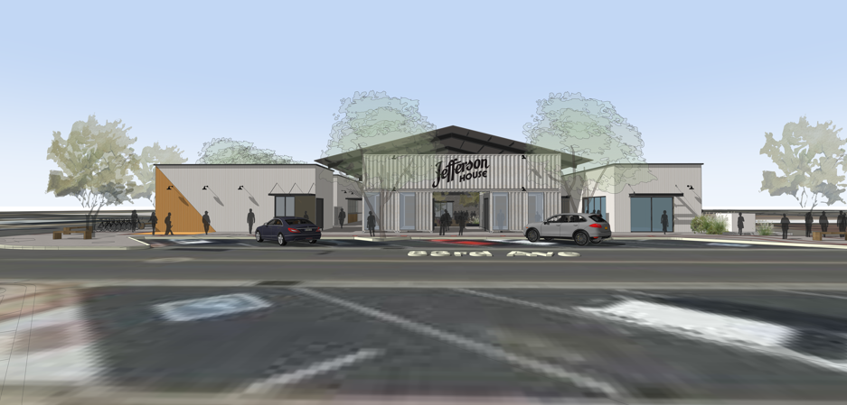 Architectural rendering of Jefferson House, a modern building with a glass entrance, cars parked in front, and trees in the background.