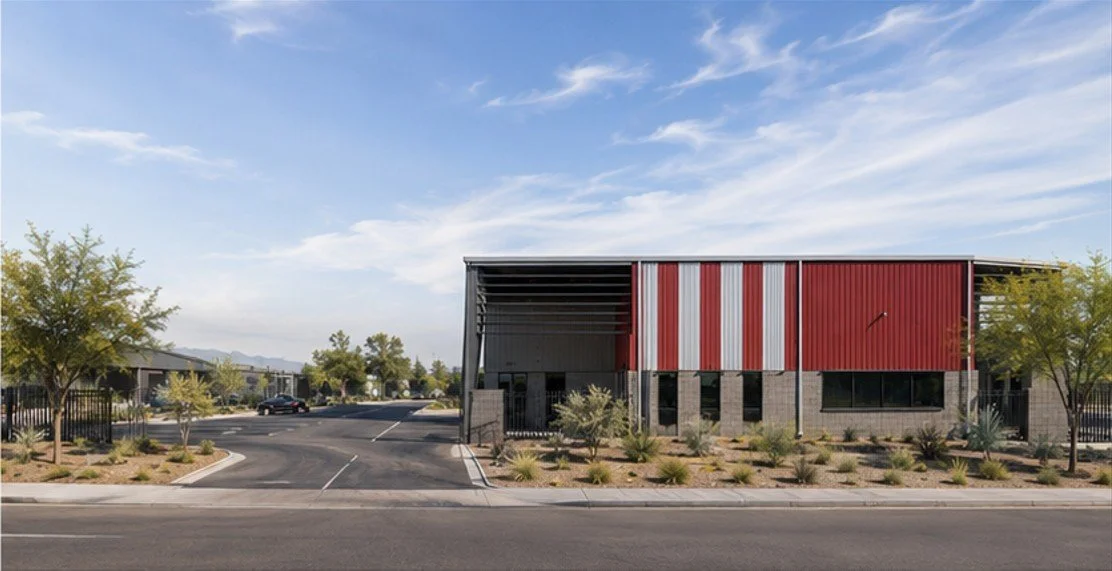 A modern commercial building with a metal red-and-white striped exterior, surrounded by desert landscaping, trees, and a paved parking area in a suburban setting.