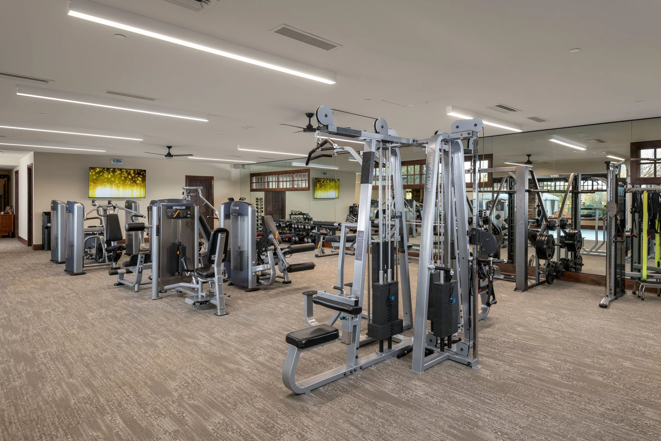 A spacious gym with various workout machines and free weights, large mirrors on the wall, and natural light coming through windows.