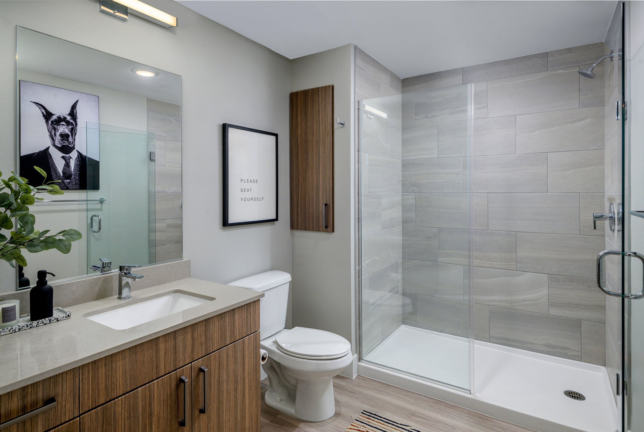 Modern bathroom with wooden cabinets, beige countertop, glass mirror, framed art of a dog in a suit, and a walk-in shower with gray tiles.