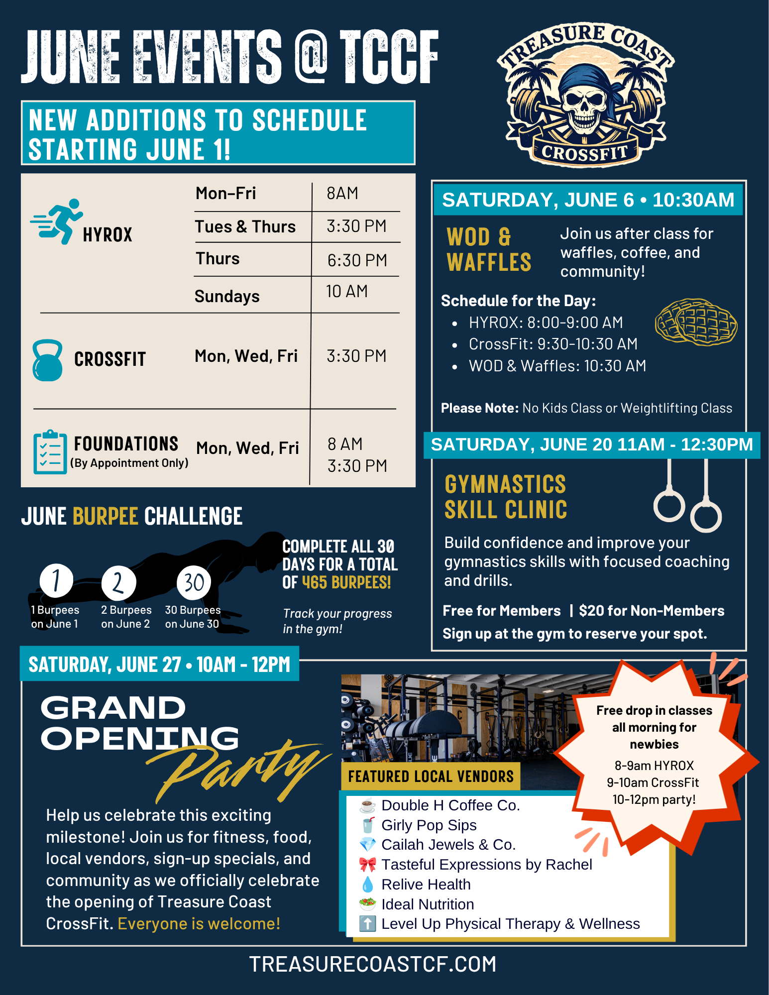 An informational poster for Treasure Coast CrossFit promoting June events. It highlights new class schedules, a grand opening party, a fitness challenge, and a community celebration with local vendors. The poster includes logos, icons, and schedules for various classes, and details about free classes for newcomers.