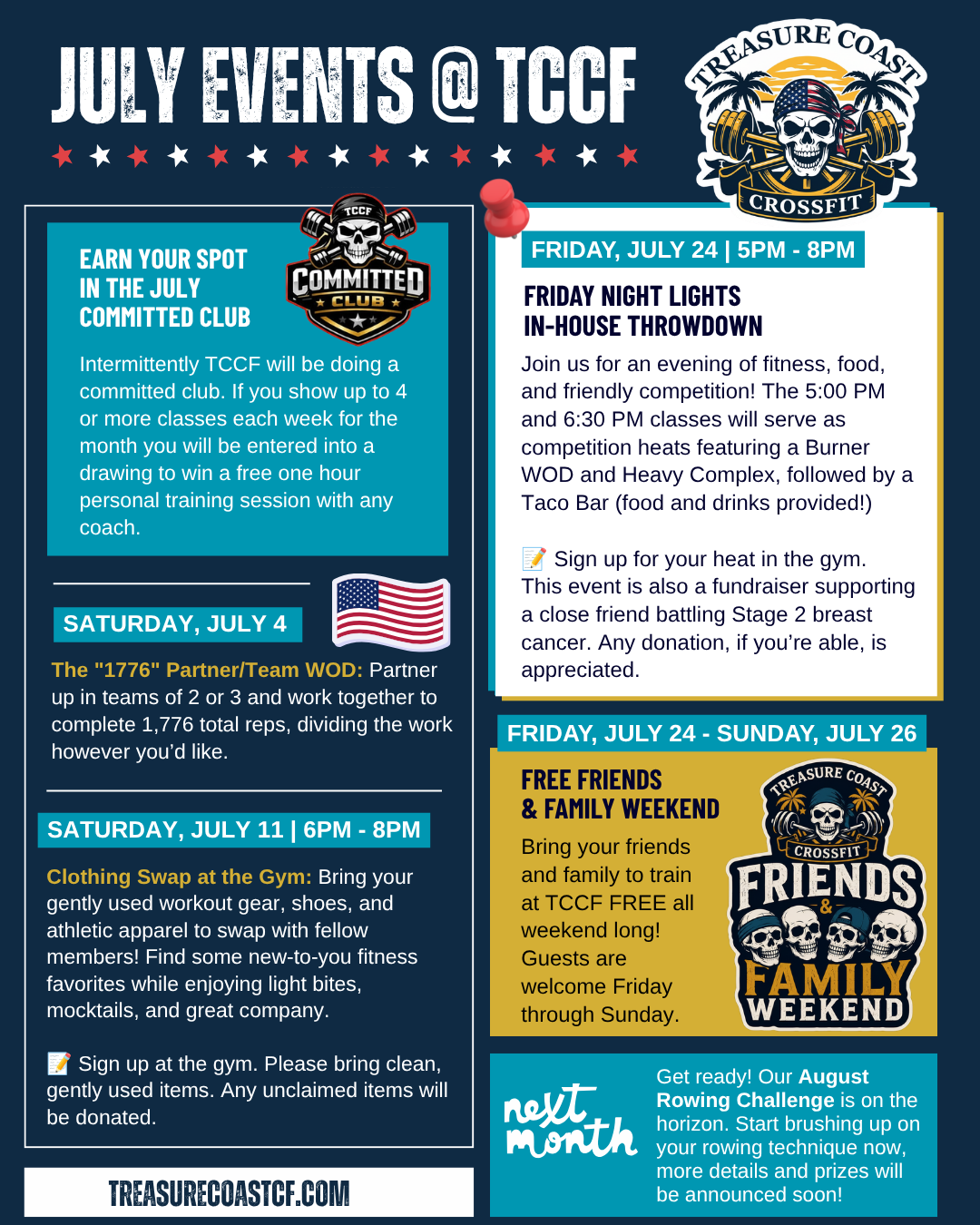 A colorful event flyer for TCCF July activities, featuring a skull with crossbones logo, a skull logo with crossfit symbols, and a Friends & Family Weekend logo with skulls. The flyer promotes summer fitness events, including a committed club, a partner/wod event, a clothing swap, a Friday night in-house throwdown, and a weekend for friends and family, along with a rowing challenge announcement.