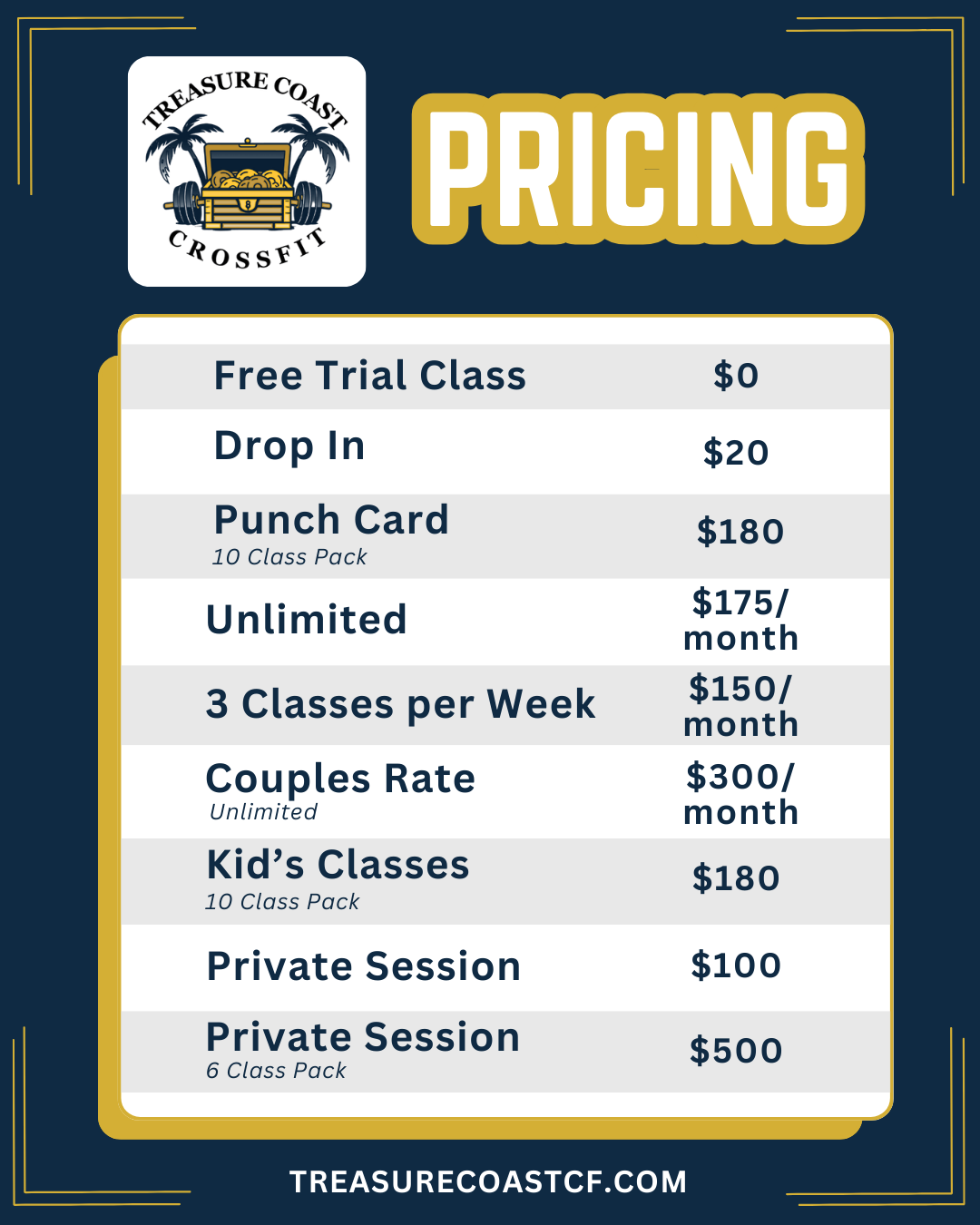 Pricing chart for Treasure Coast Crossfit, including options like free trial class, drop-in, punch card, unlimited monthly, weekly classes, couples rate, kids classes, and private sessions. The chart details costs for each option, with the website URL at the bottom.